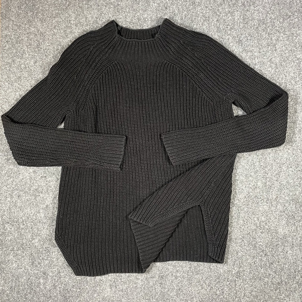 LOFT Ribbed Knit Tunic Sweater Size Medium Black Mock Neck Side Slit Raglan